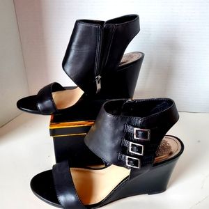 Vince Camuto Black Leather Wedge Sandals Size 8